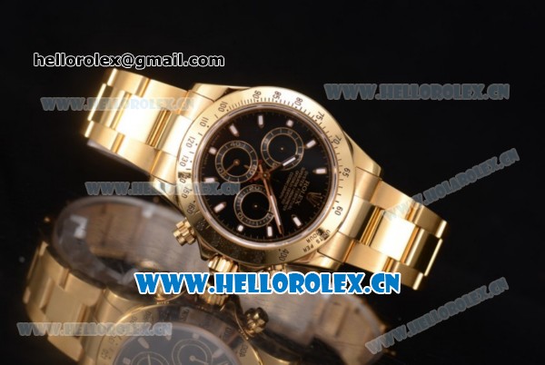 Rolex Cosmograph Daytona Clone Rolex 4130 Automatic Yellow Gold Case/Bracelet with Blac Dial and Stick Markers (BP) - Click Image to Close